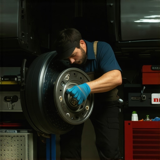 Mechanic ensuring brake pads are correctly installed and lubricated
