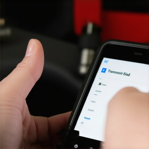 Driver inspecting transmission fluid via Bluetooth sensor connected to smartphone, automotive workshop setting