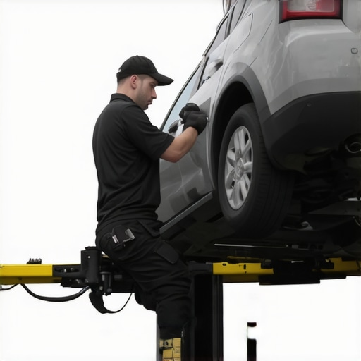 Mechanic replacing a leaking transmission cooler hose under a lifted vehicle.
