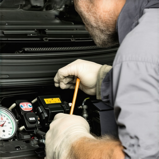 Mechanic performs transmission diagnostic check using specialized tools and sensors.