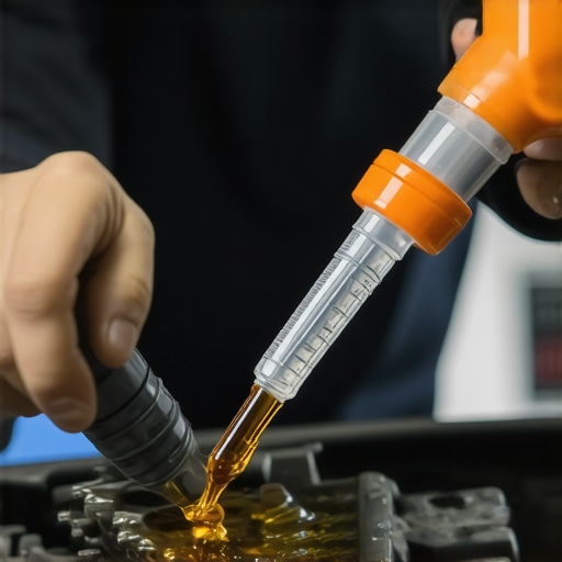 Mechanic inspecting vehicle transmission fluid with a dipstick under bright workshop lighting