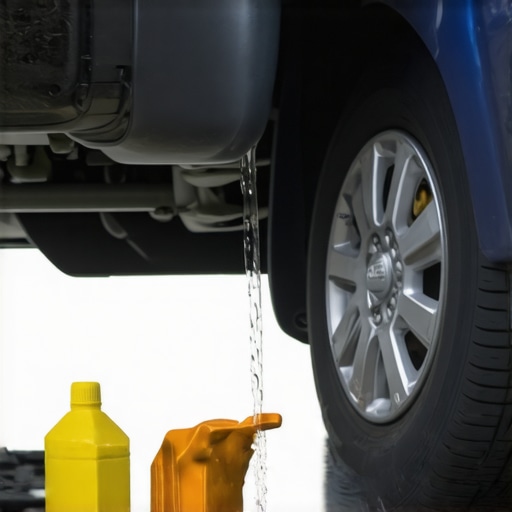Mechanic draining transmission fluid from car's undercarriage with tools and container.