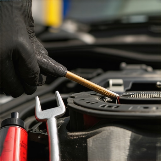 Mechanic checking transmission fluid level in a car's engine bay