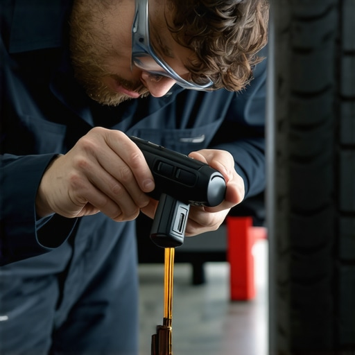 Mechanic checking transmission fluid level and using diagnostic scanner in garage.