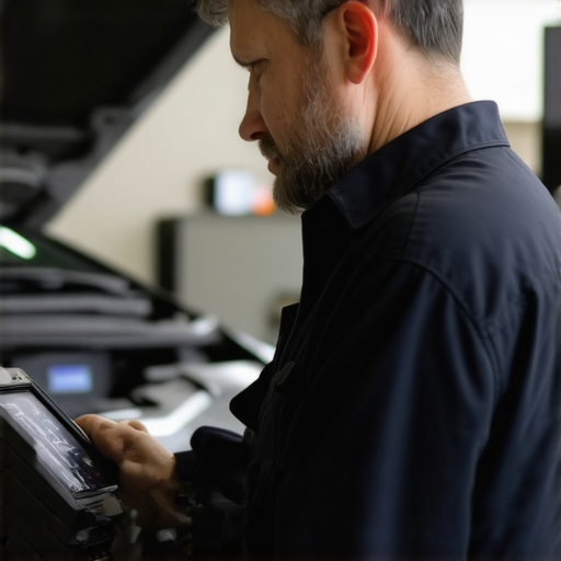 Mechanic connecting OEM scanner to vehicle for transmission diagnostics