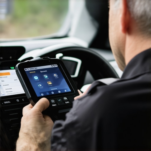 Mechanic connecting a diagnostic scanner to a car's OBD-II port, emphasizing precise tools for car health