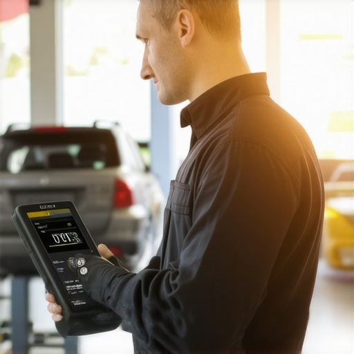 Mechanic diagnosing a vehicle with digital tools in a garage