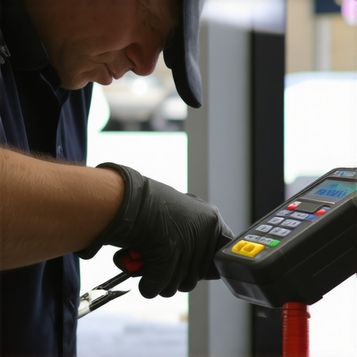 Mechanic inspecting engine oil with a digital tester in a garage setting.