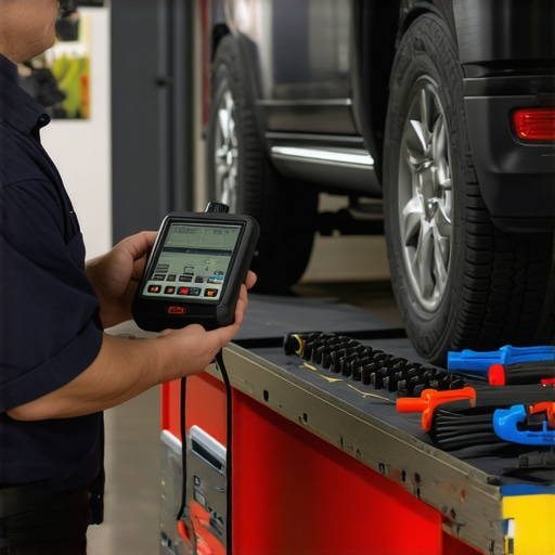 Technician scanning a car's system with an advanced OBD-II device, demonstrating modern vehicle diagnostics.
