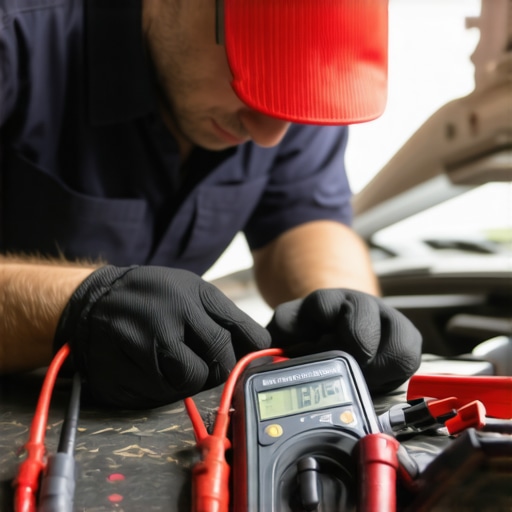 A person measuring car battery voltage with a multimeter in a garage
