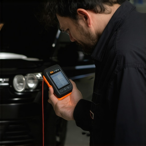 Mechanic operating a high-tech scan tool on a car engine in a garage setting.