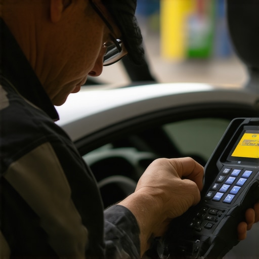 Mechanic diagnosing car issues with a high-tech scanner in a garage.