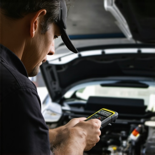 Mechanic scanning a car's transmission system with an OBD-II device in a garage