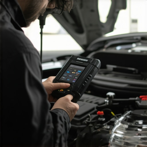 Advanced Car Diagnostics in Action Mechanic connecting a diagnostic scanner to a vehicle's OBD-II port