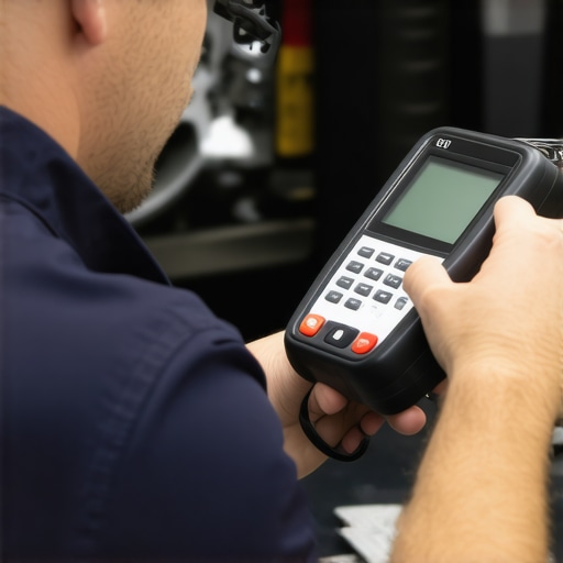 Advanced Transmission Diagnostic Tool in Use Mechanic inspecting transmission with a digital scanner