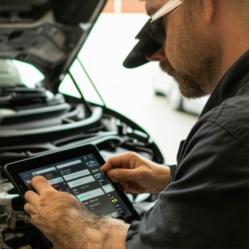Technician using diagnostic tools on a modern car engine.