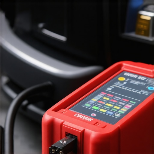 Technician using an advanced diagnostic scanner on a vehicle in a garage.