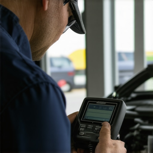 Mechanic connecting an OBD-II scanner to a car's dashboard for diagnostics.