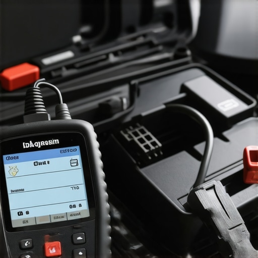 A mechanic uses a digital code reader connected to a vehicle's diagnostic port for maintenance.