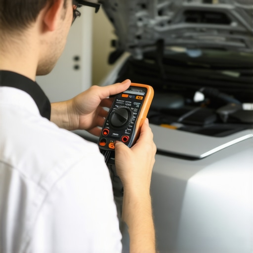Person testing car oil pressure sensor with multimeter in garage