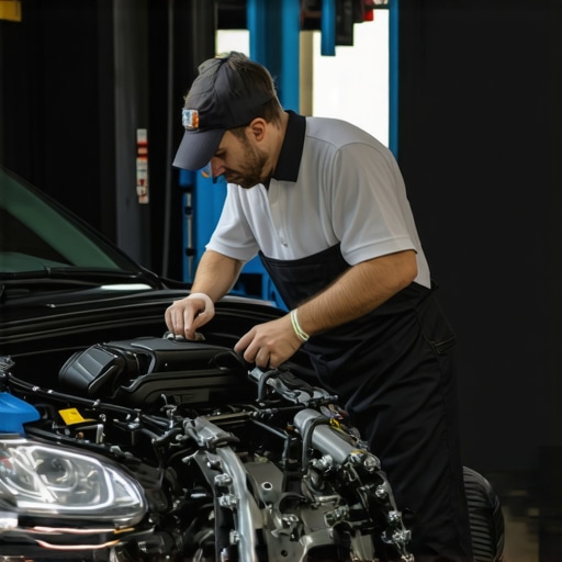 Mechanic checking engine oil and transmission during car service.