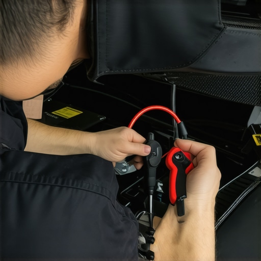 A professional ASE-certified mechanic working on a modern vehicle engine with advanced diagnostic equipment.