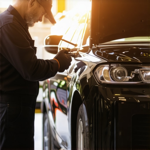 Automotive technician checking transmission fluid and components in a professional garage