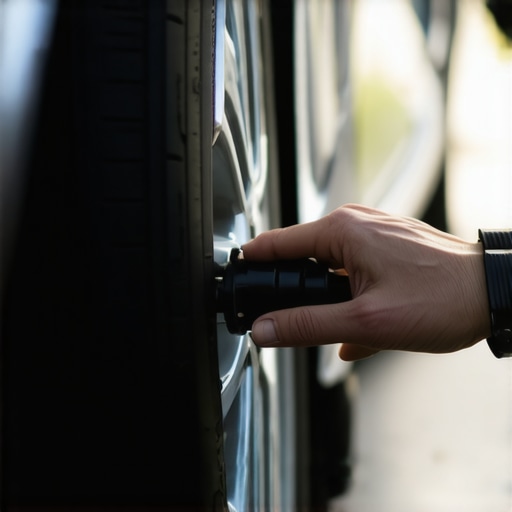 Technician inspecting car tires and alignment tools