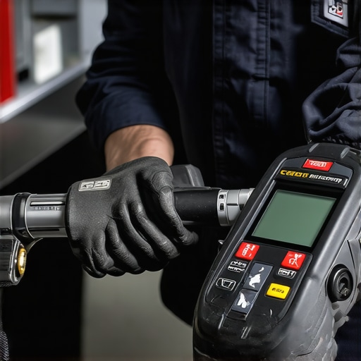 Mechanic testing car torque with a digital wrench and scanning for diagnostics in a bright garage.