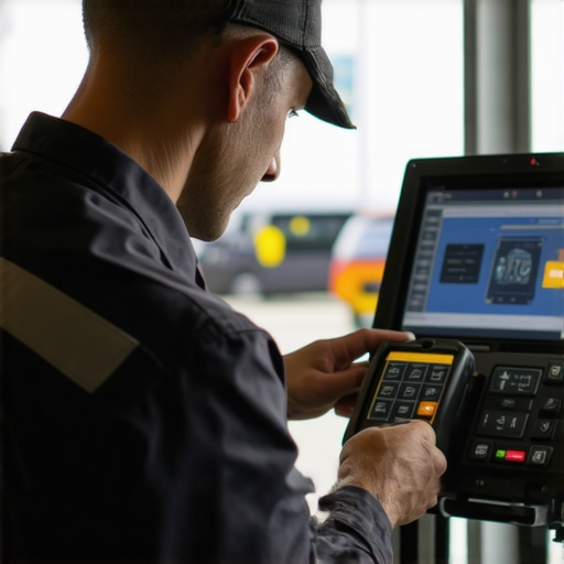 Mechanic using advanced diagnostic scanner on vehicle dashboard