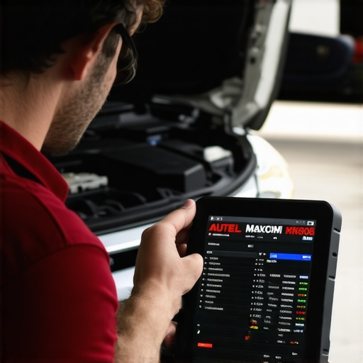Diagnostic Tools in Action Mechanic using an advanced OBD-II scanner to diagnose a vehicle.