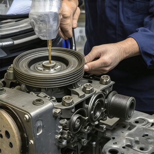 Mechanic replacing piston rings and valve seals in a car engine under bright garage lighting