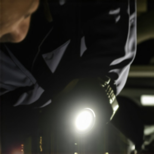 Mechanic examining transmission fluid with flashlight in a modern workshop