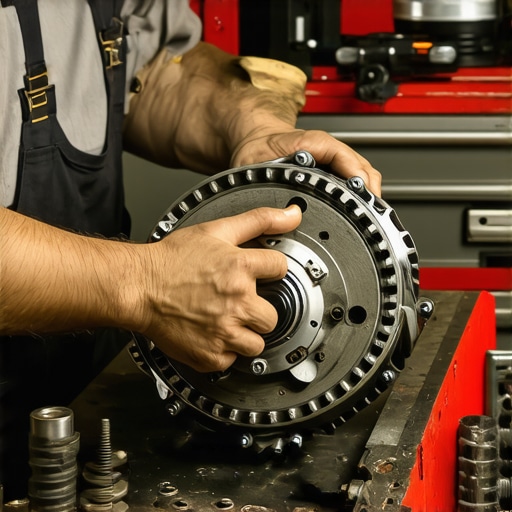 Mechanic diagnosing transmission issues with tools in hand