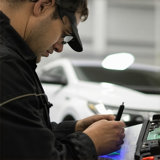 Mechanic inspecting a vehicle with advanced diagnostic equipment