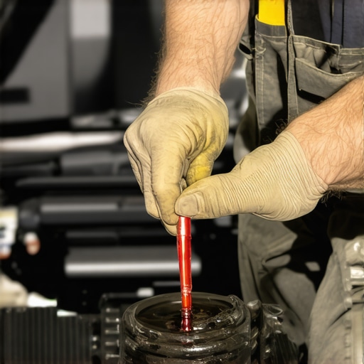 Mechanic checking dark transmission fluid with dipstick in a garage