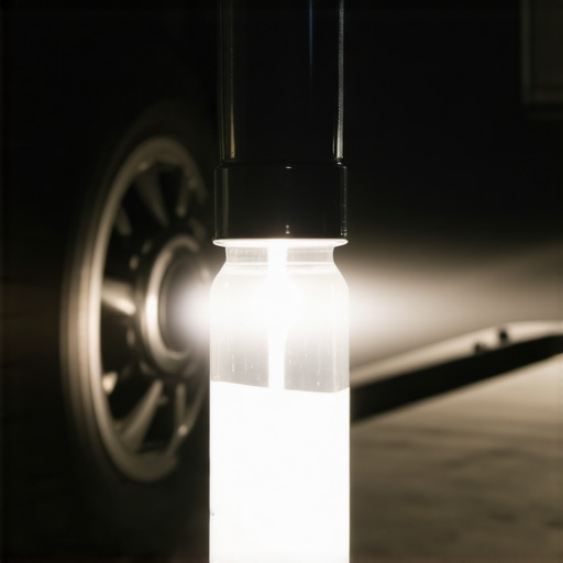 Inspecting Brake Fluid Quality Mechanic examining brake fluid with flashlight and container