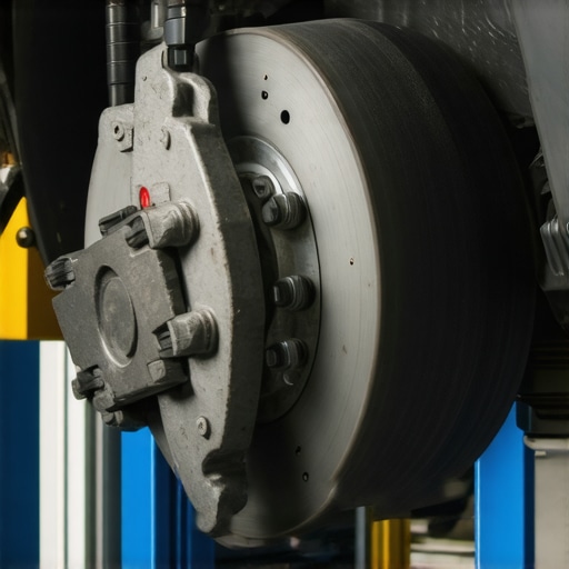Mechanic examining brake pads and calipers for wear and lubrication