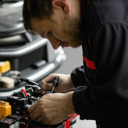 A mechanic testing car battery terminals and wiring to diagnose electrical issues.