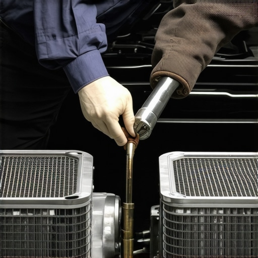 Mechanic inspecting radiator and hoses in a hot environment.