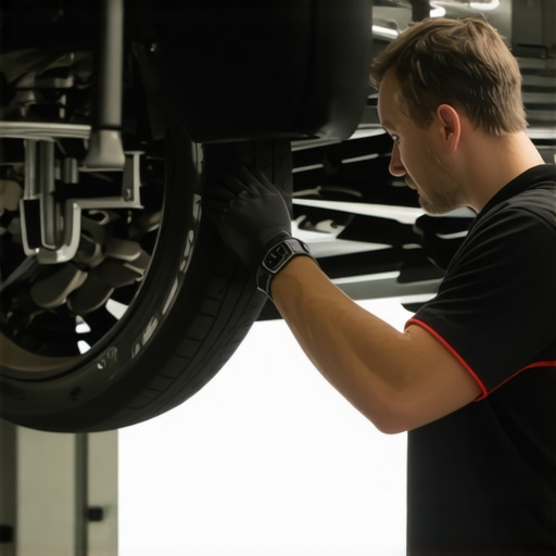 A mechanic checking engine mounts under the hood of a car in a garage