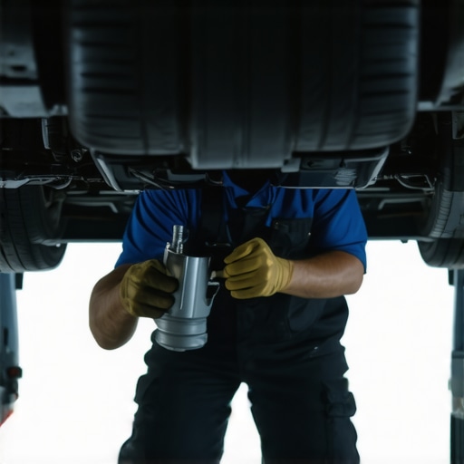 Mechanic checking car suspension components and tires for damage after hitting a pothole