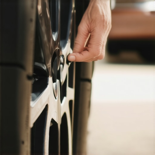 Person examining car tires for uneven tread and damage