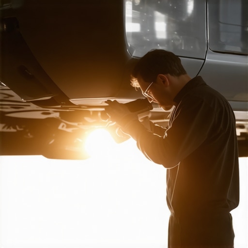 Inspecting the Exhaust System to Find Rotten Egg Smell Causes Mechanic checking a car's exhaust components for damage and leaks in a garage.
