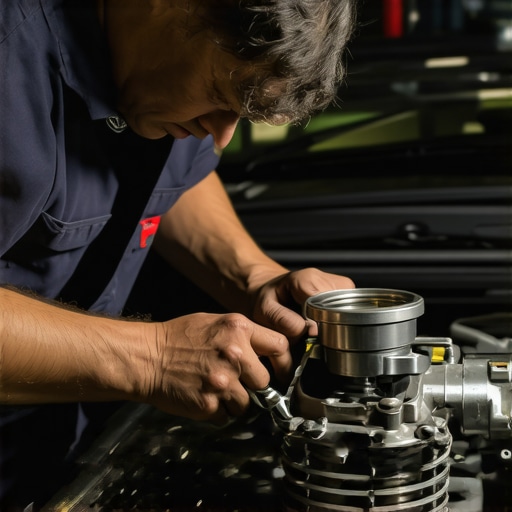 Mechanic inspecting and cleaning a car's throttle body to fix sticking issue