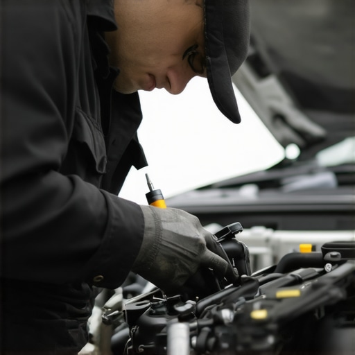 Automotive technician measuring engine oil levels to determine viscosity needs.