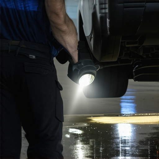 Mechanic inspecting car underside for fluid leaks in a garage