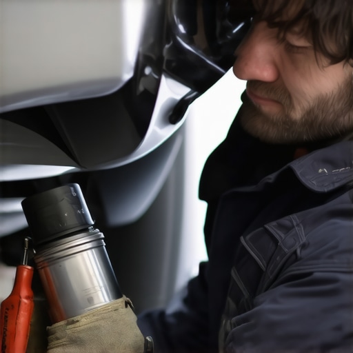 Mechanic inspecting catalytic converter under a car