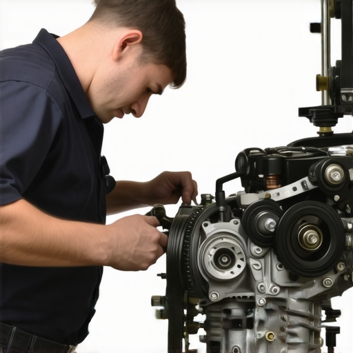Mechanic inspecting engine belts and hoses Mechanic checking belts and hoses under the hood of a vehicle