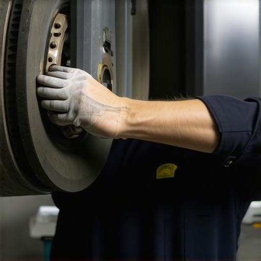 Close-up of brake pads and rotors being inspected in a mechanic's workshop